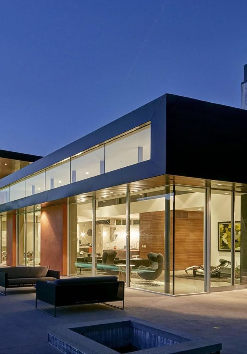 Outside of modern house at night